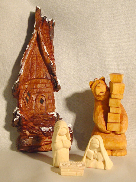 JW080 Bark House - Rick Jensen, Signed, 7" Nativity (3) - Carolea Hower, Signed, 2" Bear - Bob Jager, Signed, 4"