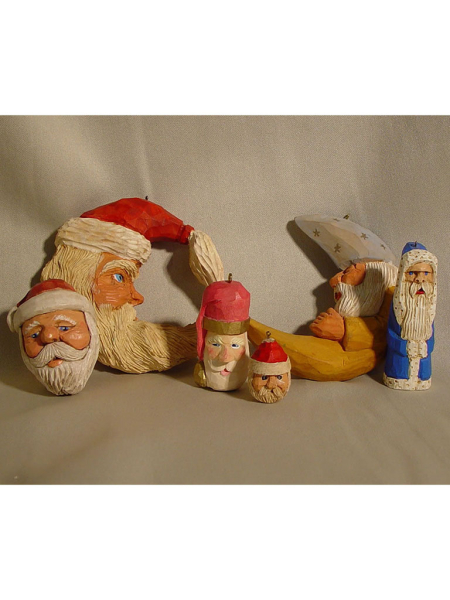 JW084 Santa Ornament - Jim Barker, Signed, 2" Mini Ornament - Signed CM, 1" Sleeping Moon Santa - Unsigned, 4" Crescent Santa - Signed with initials, 4" Blue Santa - Signed with initials, 3" Flat Plane Santa - Unsigned, 2"