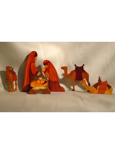 JW082 Painted Nativity (3) - M. Jane, Signed, 5" Intarsia Camels (3) - Unsigned, 3.5"