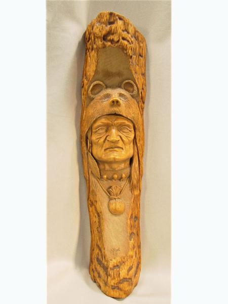 TR055 Mountain Man Bark Carving signed by R. Patel